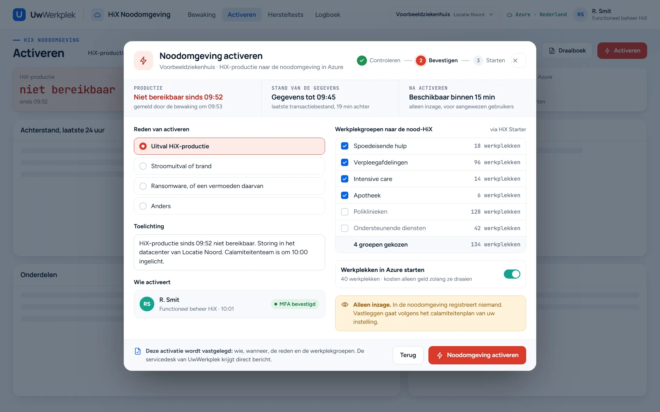 Venster Noodomgeving activeren: productie niet bereikbaar sinds 09:52, gegevens tot 09:45, de gekozen reden met toelichting, wie activeert met MFA bevestigd, vier gekozen werkplekgroepen en de melding dat de activatie wordt vastgelegd.